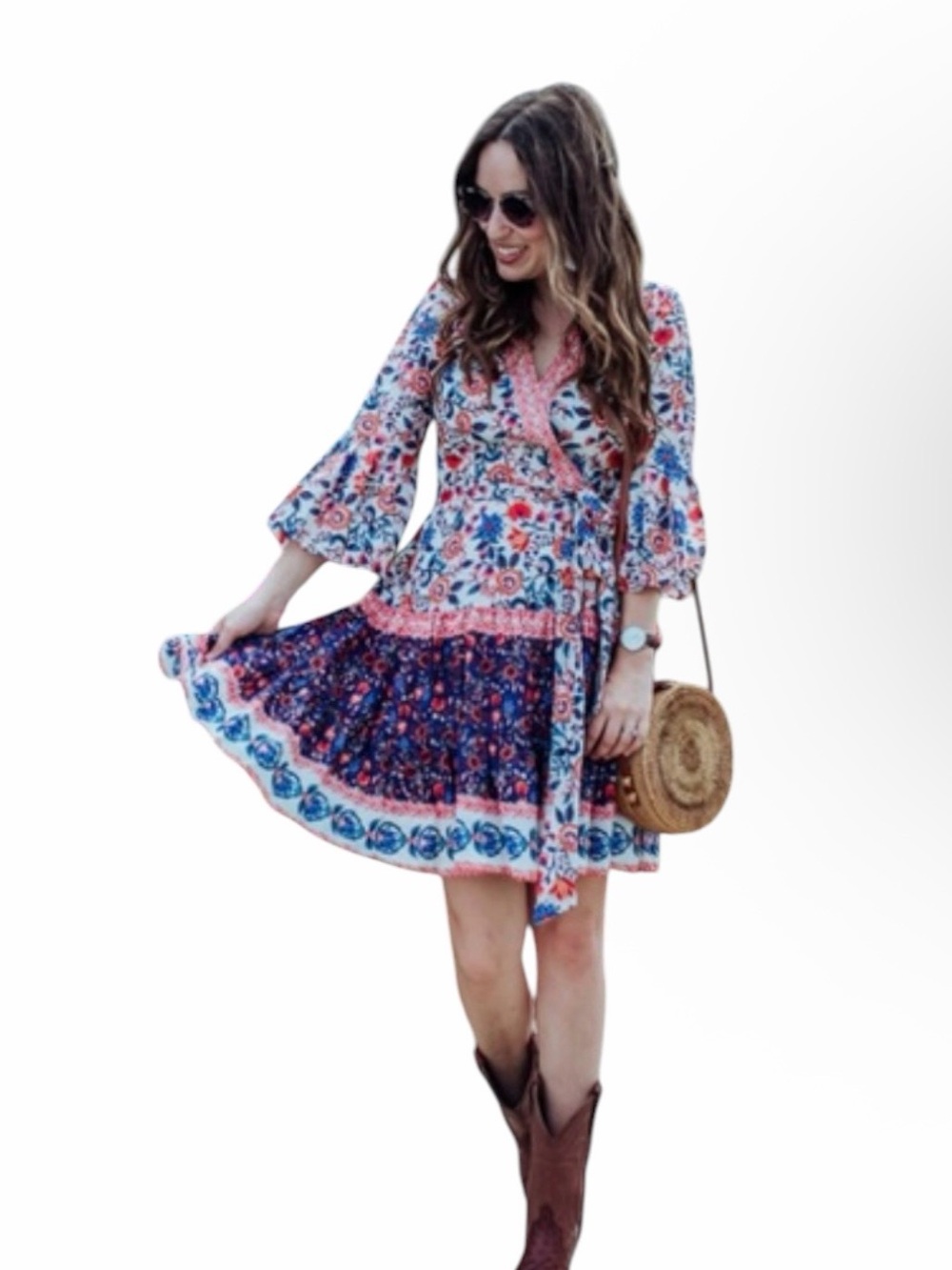 Eliza J v neck mixed floral 3/4 bell sleeves tie waist mini dress pockets size 4